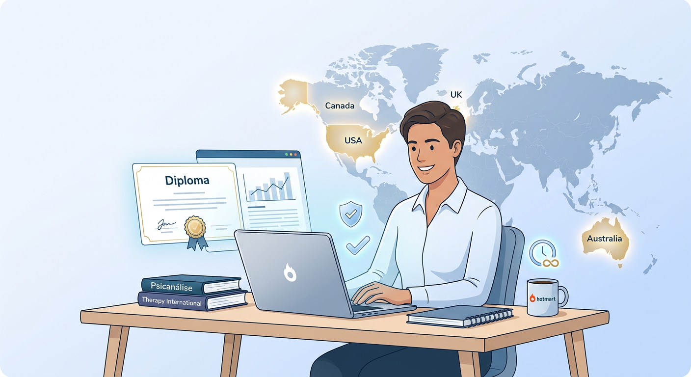 Ilustração de profissional estudando psicanálise online, com diploma digital, mapa‑mundo e livros, simbolizando certificações internacionais e credibilidade.