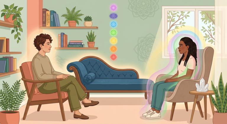 Ilustração do curso Psicanálise Holística Clínica – Formação Completa, mostrando a integração entre teoria psicanalítica clássica e práticas holísticas em um ambiente terapêutico.