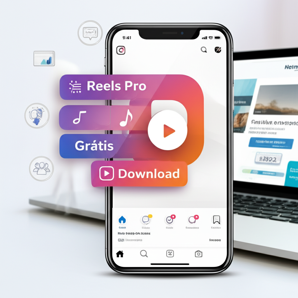 Smartphone showing Instagram Reels editor with “Reels Pro – Grátis” overlay, laptop with Hotmart course page, community chat icons and certificate, representing free download access to the Reels Pro training.