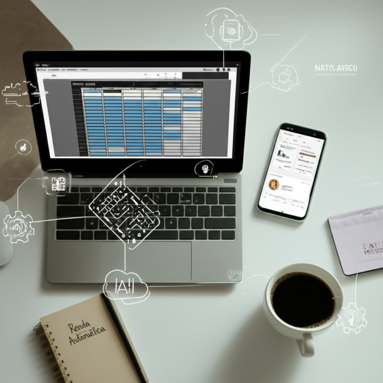 Imagem de laptop com planner digital criado por IA, smartphone mostrando anúncios Meta, e itens de escritório, representando a estratégia de renda automática da Nati Abreu.