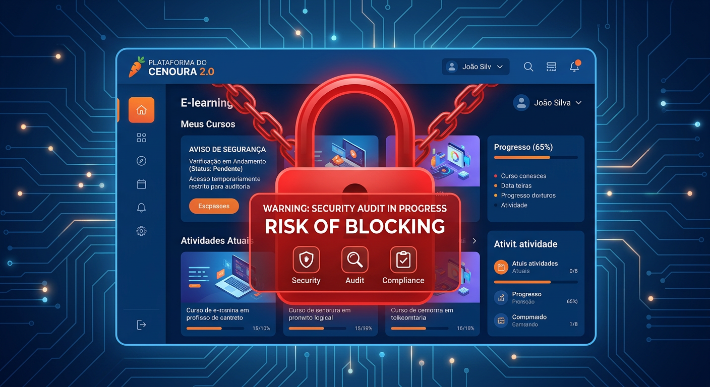 Ilustração da Plataforma do Cenoura 2.0 com cadeado vermelho e símbolos de auditoria de segurança