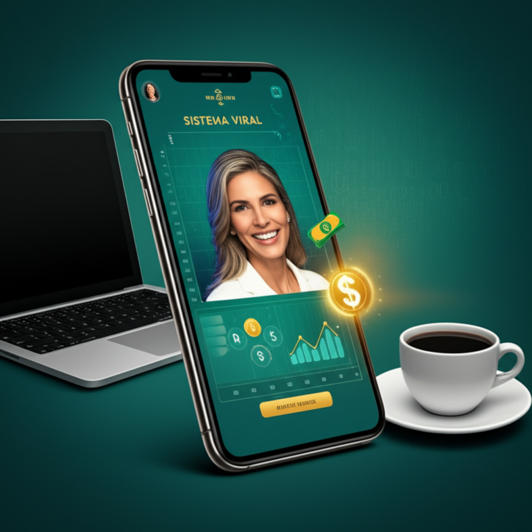 Tela de smartphone do Sistema Viral mostrando gráficos de renda gerada por IA e foto de Andréa Mazeto