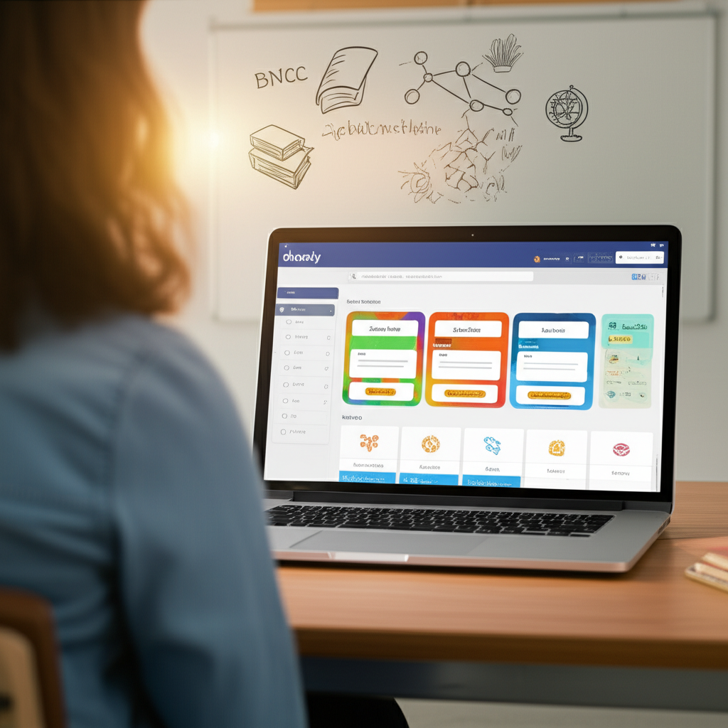 Professor usando a plataforma Skooly em um laptop, exibindo geração automática de planos de aula e recursos alinhados à BNCC.