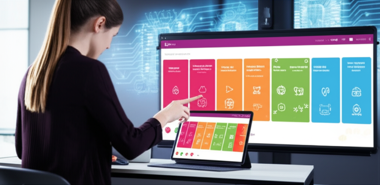 Professor usando a plataforma Skooly IA em tablet, com ícones de inclusão e alinhamento à BNCC exibidos na tela.