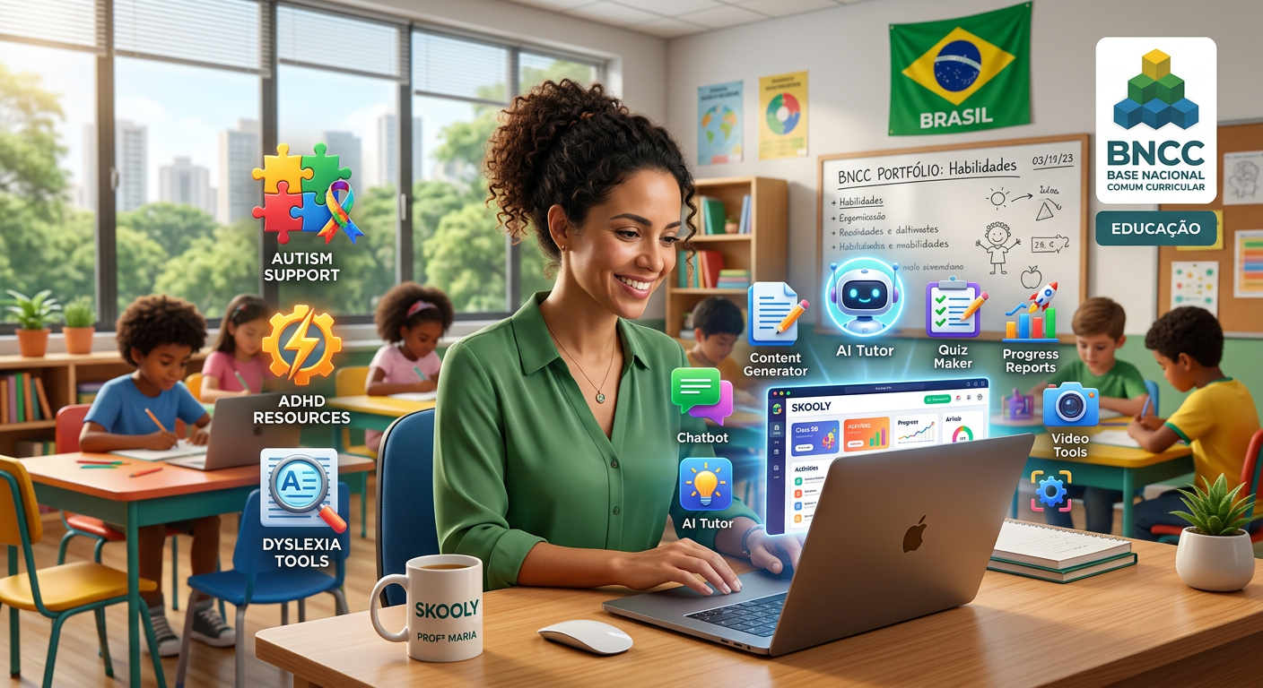 Professor brasileiro usando a plataforma Skooly com ferramentas de IA em uma sala de aula digital.