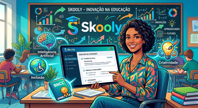 Professora usando a plataforma Skooly IA em tablet, cercada por ícones de IA, inclusão, BNCC e criatividade, representando ferramentas de planejamento pedagógico.