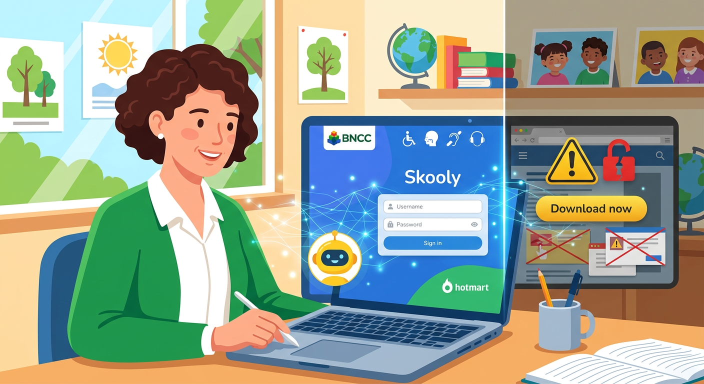 Professor usando Skooly IA no laptop, comparando login oficial da Hotmart com site de download gratuito suspeito.