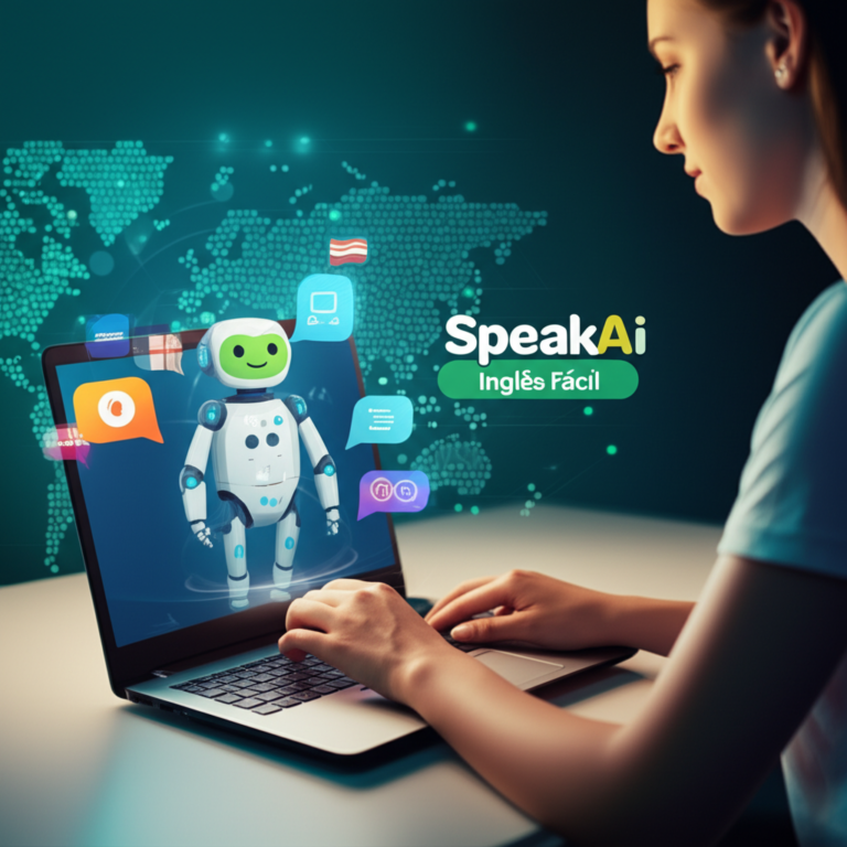 SpeakAI Inglês Fácil – AI-powered English learning interface with a young adult using a laptop and speech bubbles, showcasing effortless language mastery