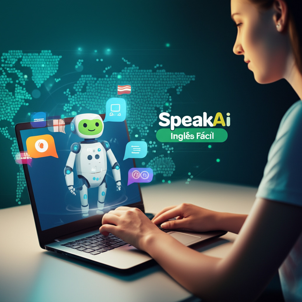 SpeakAI Inglês Fácil – AI-powered English learning interface with a young adult using a laptop and speech bubbles, showcasing effortless language mastery