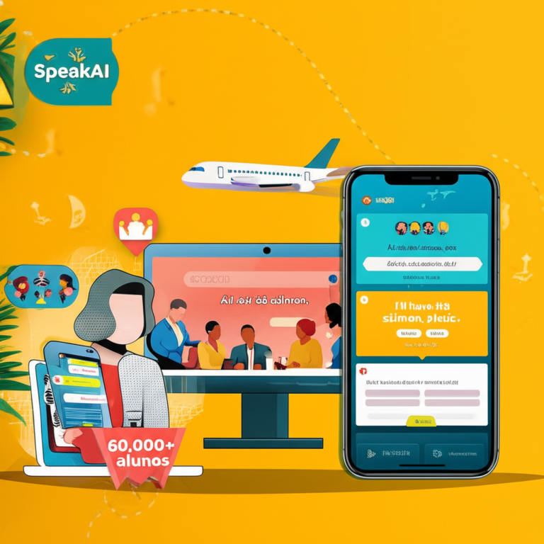 Illustration of a Brazilian user using SpeakAI on laptop and phone with short English lessons and phonetic transcription.