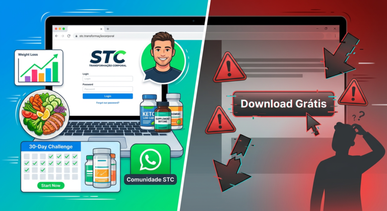 Ilustração dividida mostrando o login oficial do STC Transformação Corporal com coach, gráficos e comunidade ao lado de um botão de download grátis perigoso e confuso.