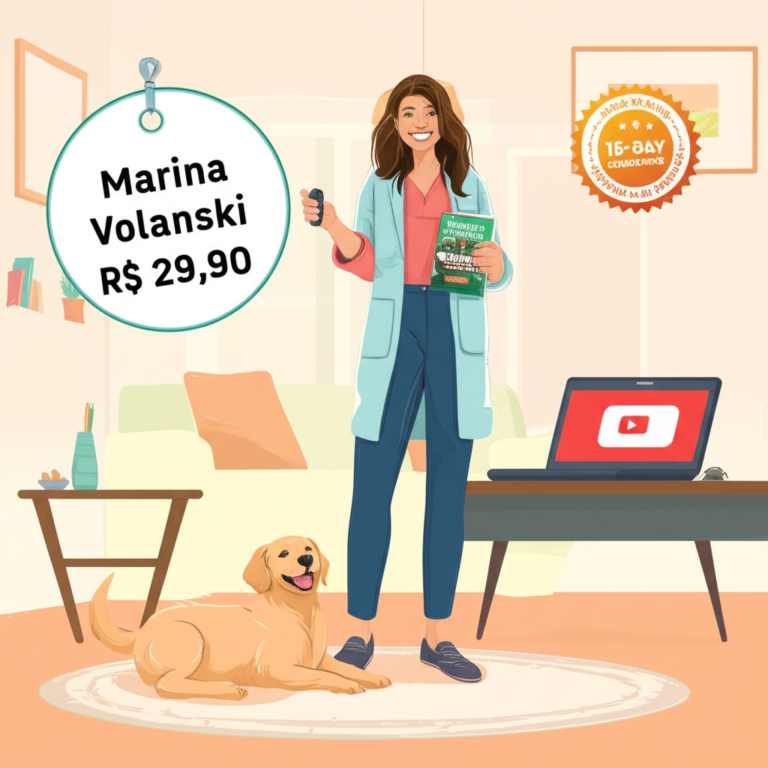 Ilustração de Marina Volanski ensinando um filhote de cachorro ao lado de um laptop com a logo do YouTube e um preço de R$ 29,90.
