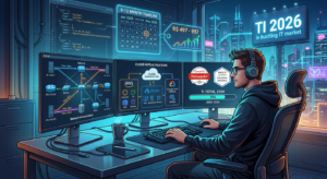 Ilustração de um profissional de TI estudando o curso TI Total em 2026, com telas exibindo diagramas de rede, arquitetura cloud e certificações, em um ambiente futurista.
