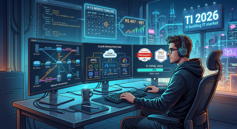 Ilustração de um profissional de TI estudando o curso TI Total em 2026, com telas exibindo diagramas de rede, arquitetura cloud e certificações, em um ambiente futurista.