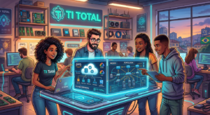 Ilustração de alunos estudando TI Total: laboratórios virtuais, nuvem, redes e hardware.