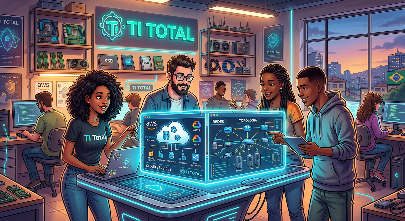 Ilustração de alunos estudando TI Total: laboratórios virtuais, nuvem, redes e hardware.