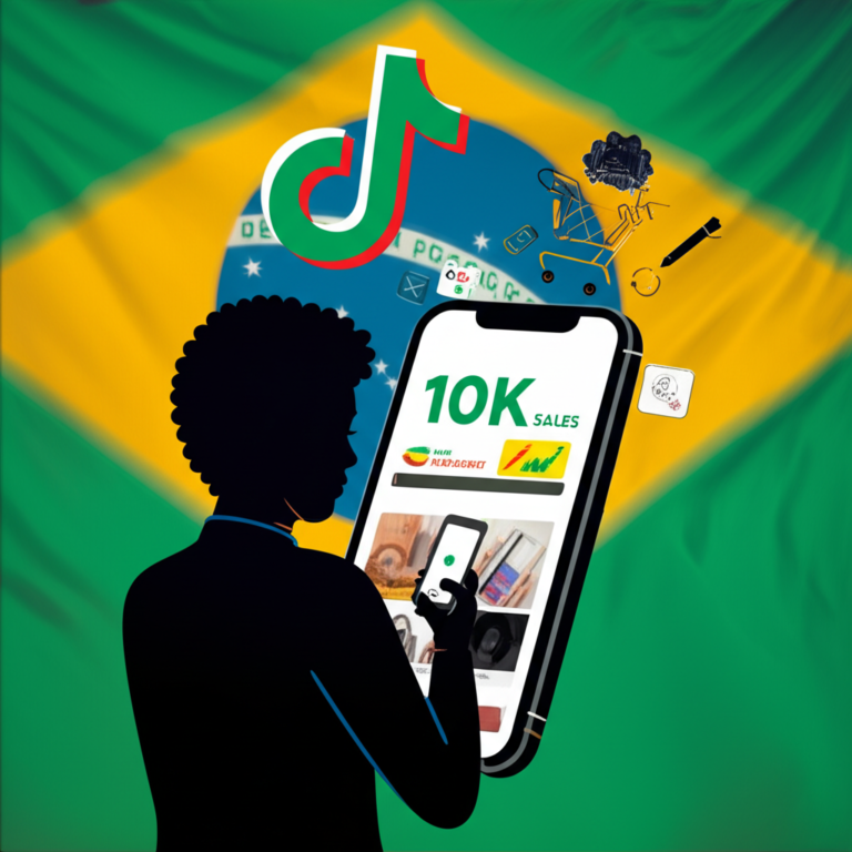 Ilustração digital do TikTok Shop Brasil com logo TikTok e carrinho de compras, smartphone exibindo vídeos curtos de produtos virais, silhueta sem rosto (perfil dark) e ícones de IA, tudo nas cores da bandeira brasileira.
