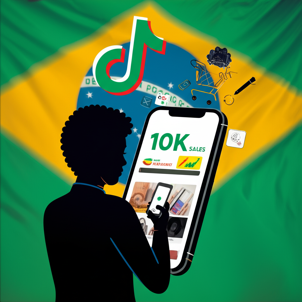 Ilustração digital do TikTok Shop Brasil com logo TikTok e carrinho de compras, smartphone exibindo vídeos curtos de produtos virais, silhueta sem rosto (perfil dark) e ícones de IA, tudo nas cores da bandeira brasileira.