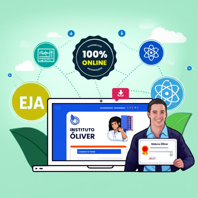 Estudante usando laptop para acessar o curso EJA Supletivo EAD do Instituto Óliver, com ícones de disciplinas e certificado ao fundo.