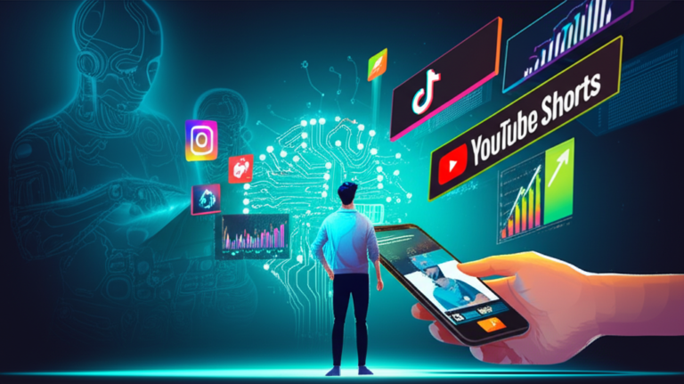 Criador de conteúdo dominando algoritmos de redes sociais, com ícones de Instagram, TikTok e YouTube Shorts, gráficos de engajamento e um cérebro de circuitos ao fundo.