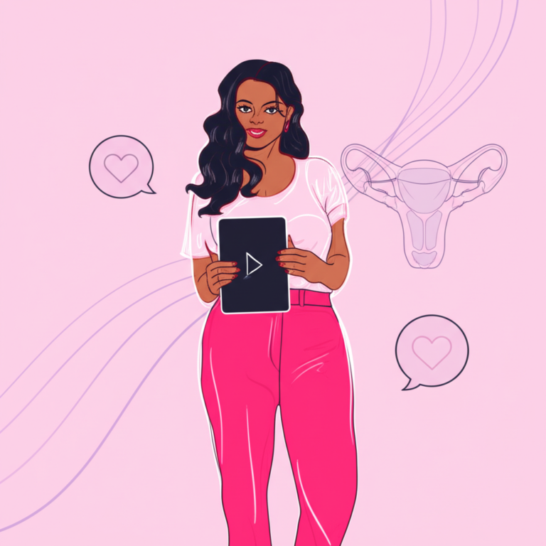 Ilustração de Julia Santos apresentando o curso 'Como Deixar Ela Louca na Cama', com símbolos de comunicação e prazer feminino em um ambiente elegante e discreto.