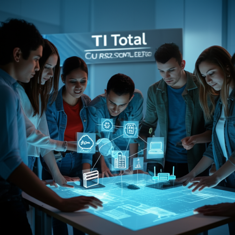 Alunos em laboratório virtual interagindo com diagramas de redes, nuvem e hardware, representando o curso completo TI Total.
