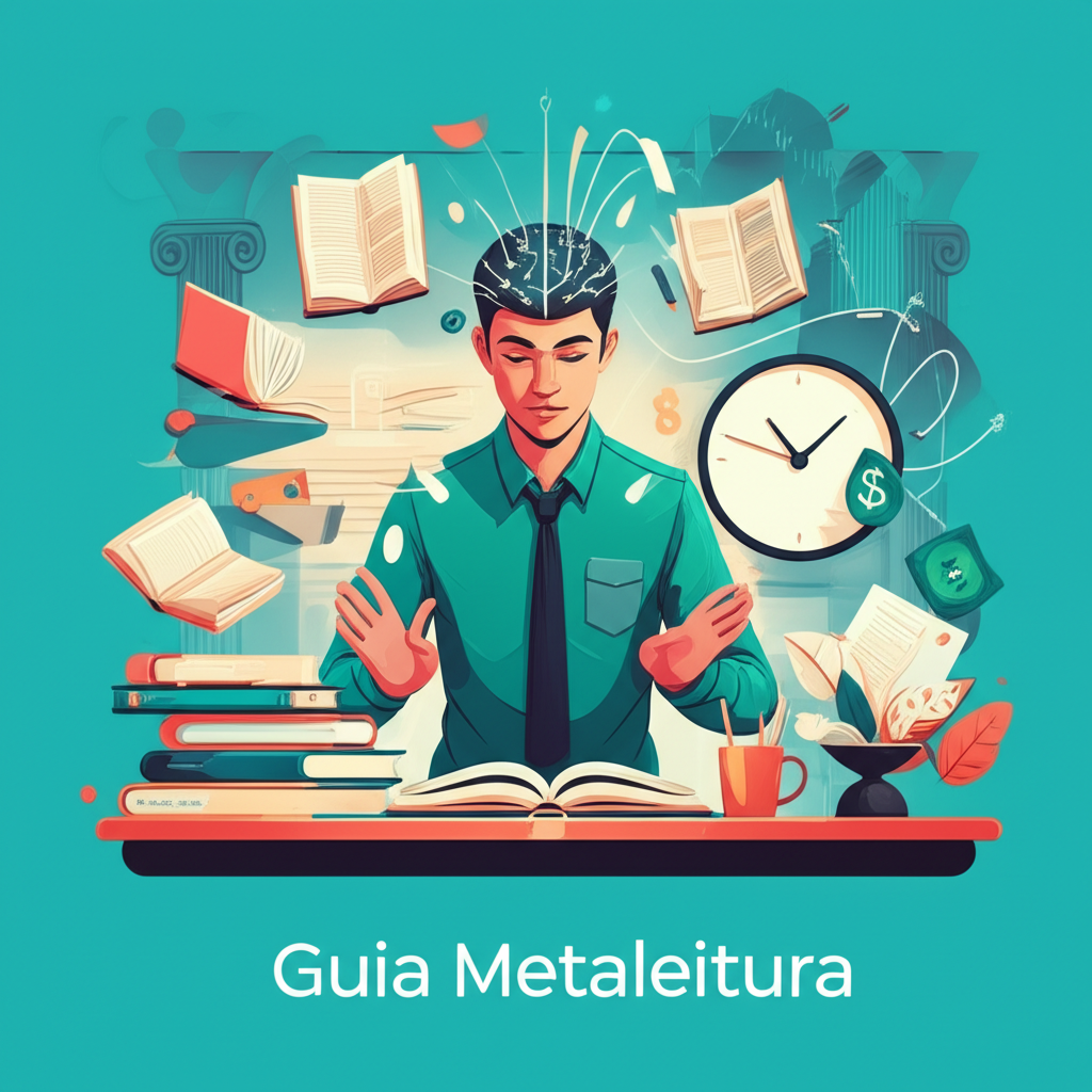 Ilustração digital que combina leitura dinâmica, cérebro ativo, relógio acelerado, gráficos financeiros e memória visual, representando o Guia Metaleitura.