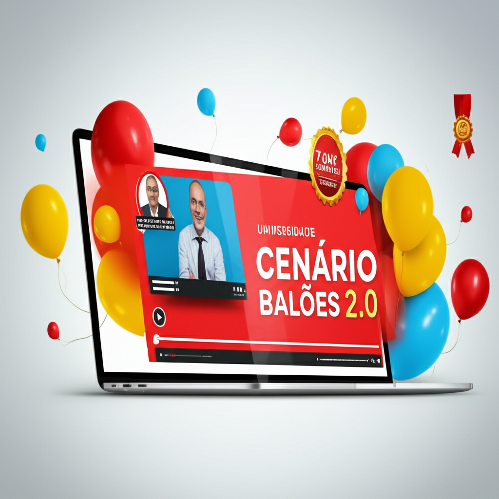 Ilustração digital de uma aula online da Universidade Cenário Balões 2.0 com balões coloridos, laptop e certificado digital.