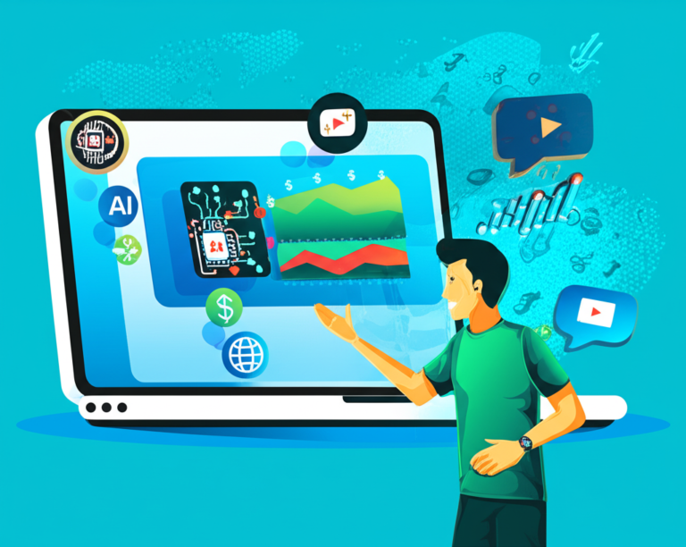 Ilustração promocional do curso Mestres do Algoritmo de Caio Ferreira, destacando acesso gratuito, download e estratégias para criar e monetizar canais no YouTube.