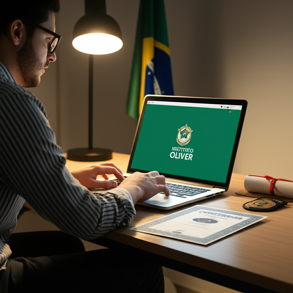 Adulto estudando online com laptop, diploma e distintivo policial, representando o EJA Supletivo do Instituto Óliver