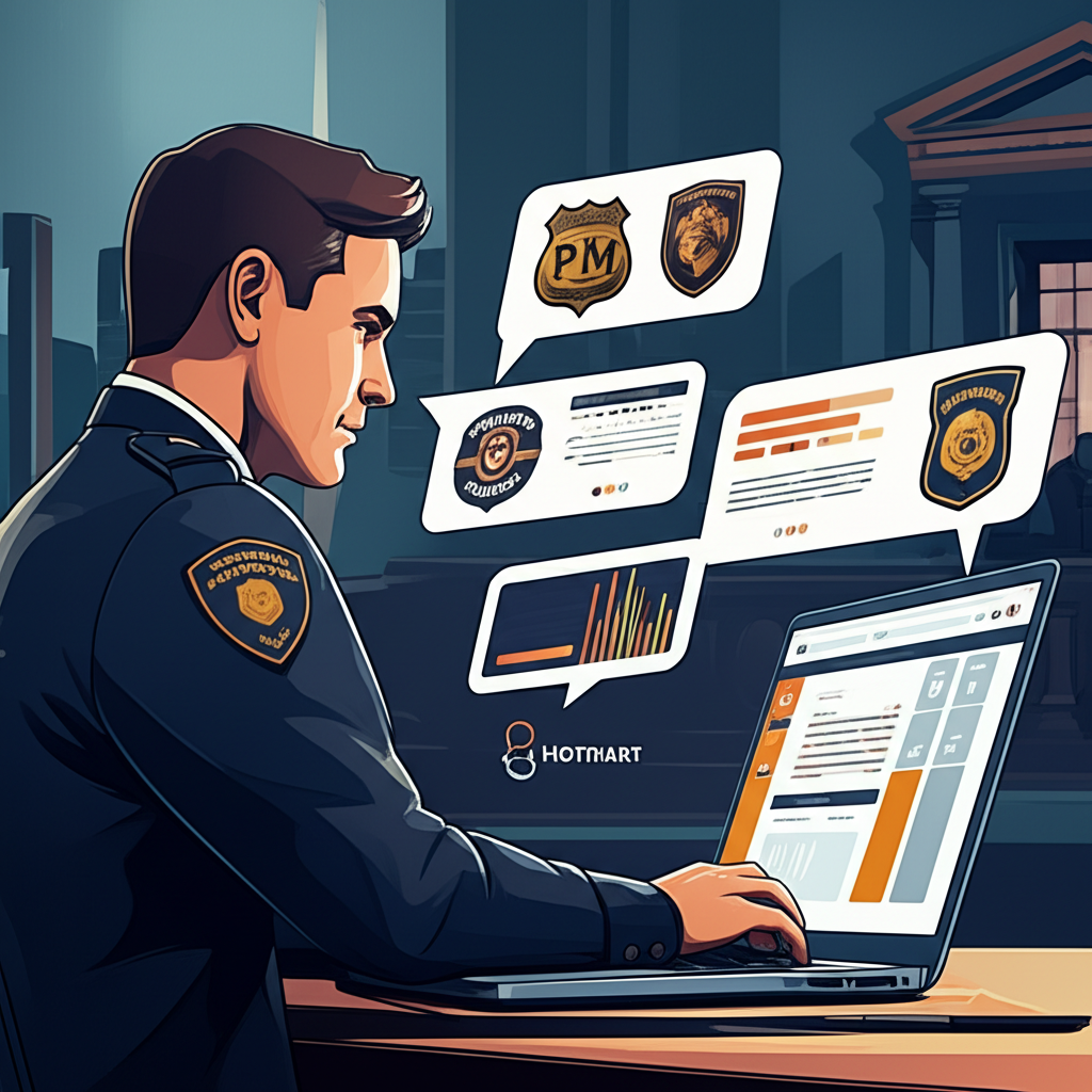 Ilustração de um policial estudando questões no laptop, representando o curso Gabarito Policial da Hotmart.