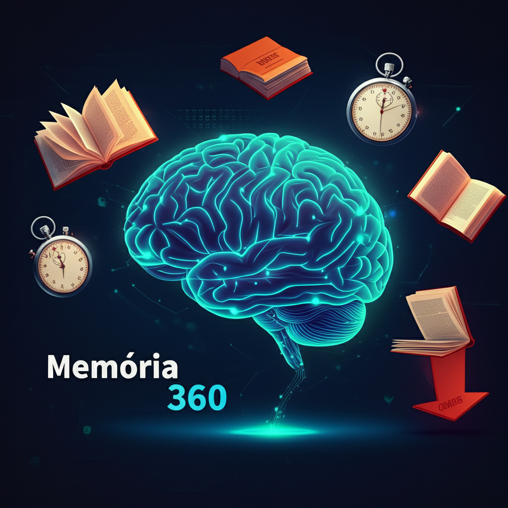 Ilustração de um cérebro luminoso com circuitos, livros, cronômetro e ícone de download, representando o curso Memória 360 gratuito.