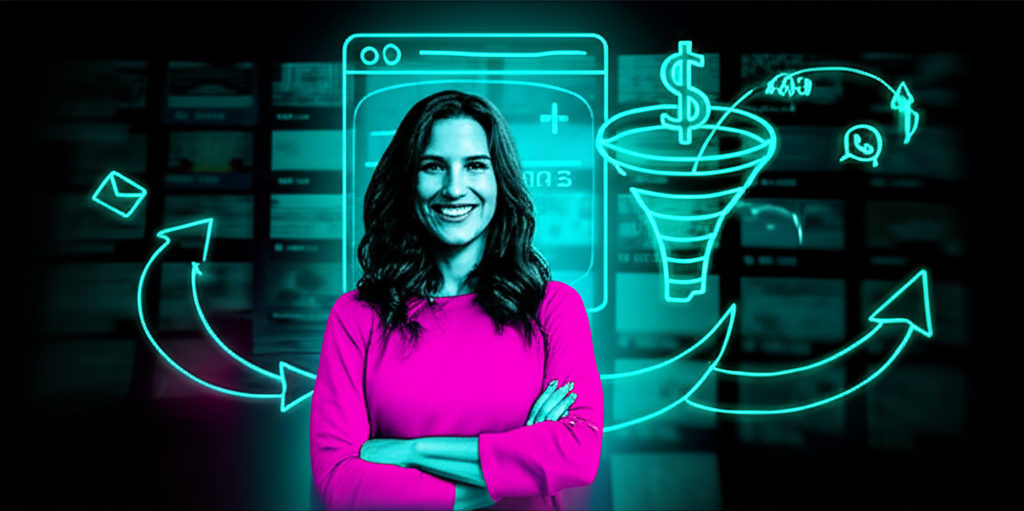 Ilustração de Andrea Mazeto apresentando o Sistema Viral, com ícones de Instagram, TikTok, funil de vendas e símbolos de compartilhamento que representam viralidade e conversão.