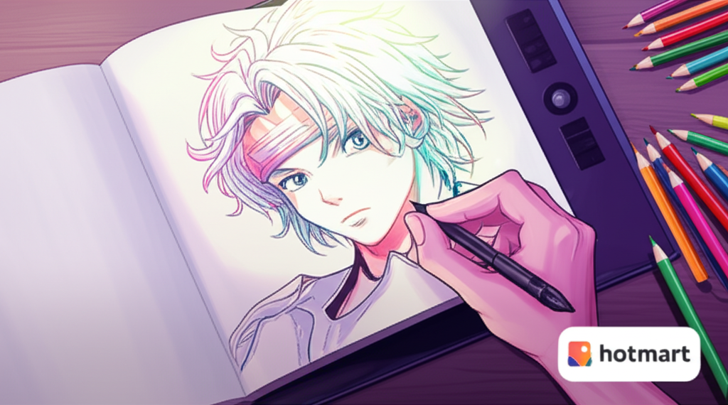 Capa do curso Fanart 4.0 Desenho mostrando um desenho de fan‑art em estilo digital, com lápis, tablet gráfico e logo da Hotmart.