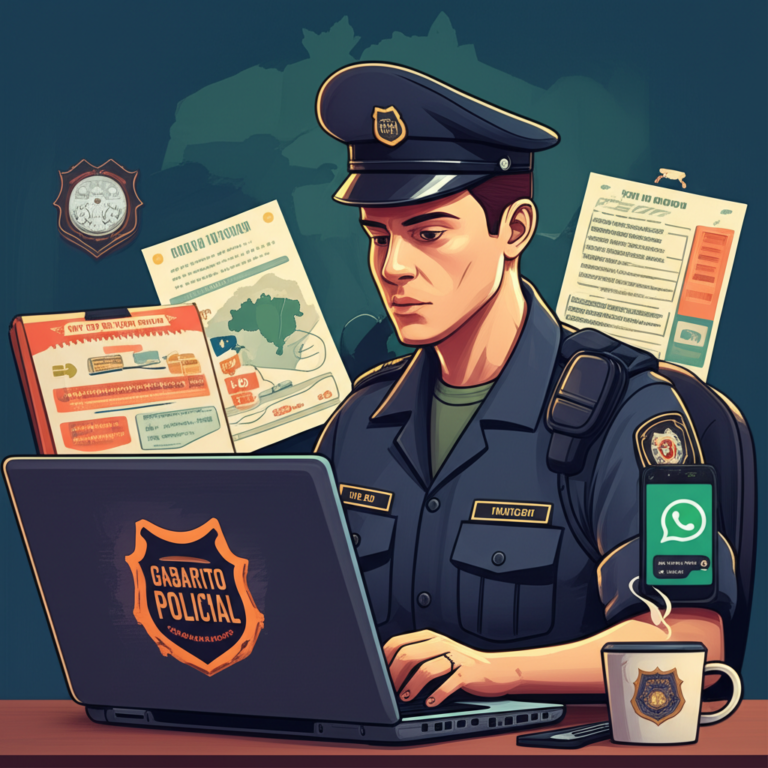Policial estudando o curso online Gabarito Policial no laptop, cercado de materiais de apoio e ícone de grupo WhatsApp.