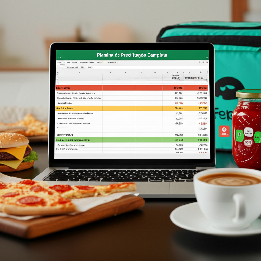 Planilha de precificação para negócios de delivery exibida em um laptop, com tabelas de custos, markup e taxas de aplicativos ao lado de ícones de comida e entrega.
