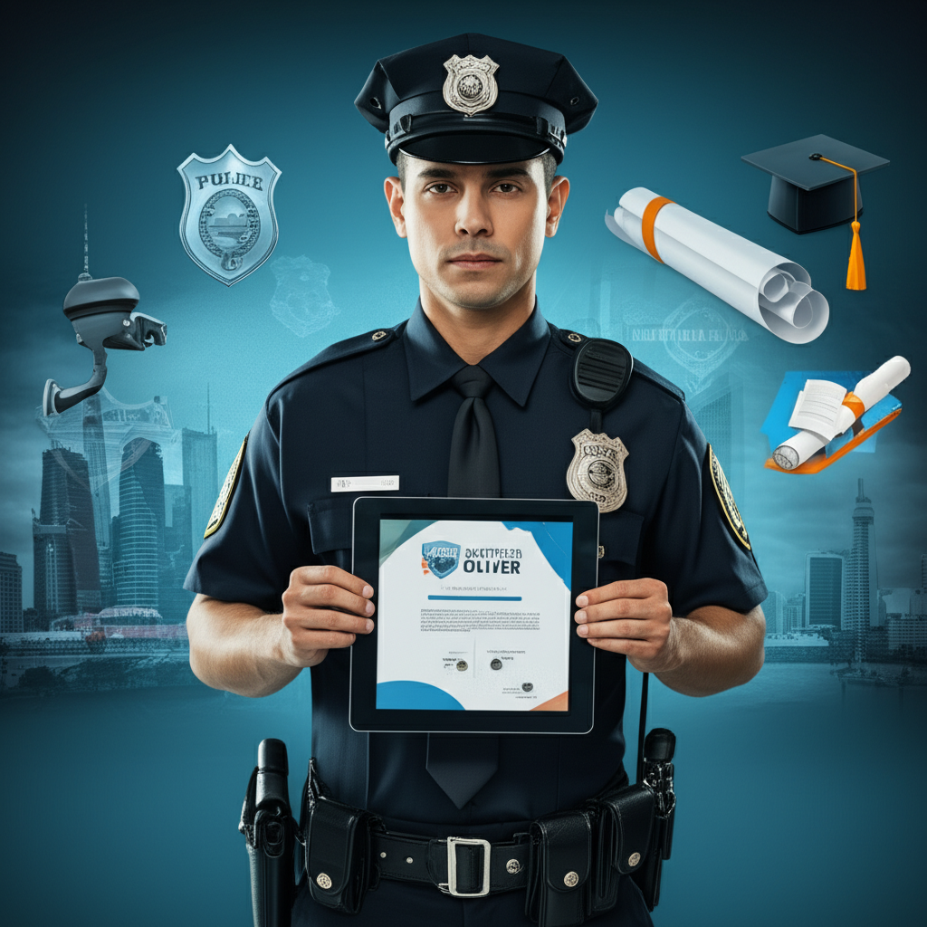 Erro de Processamento: Título Não Encontrado 1 Policial em uniforme segurando tablet com logo do Instituto Óliver e certificado digital, ao fundo skyline da cidade e símbolos acadêmicos de segurança pública.