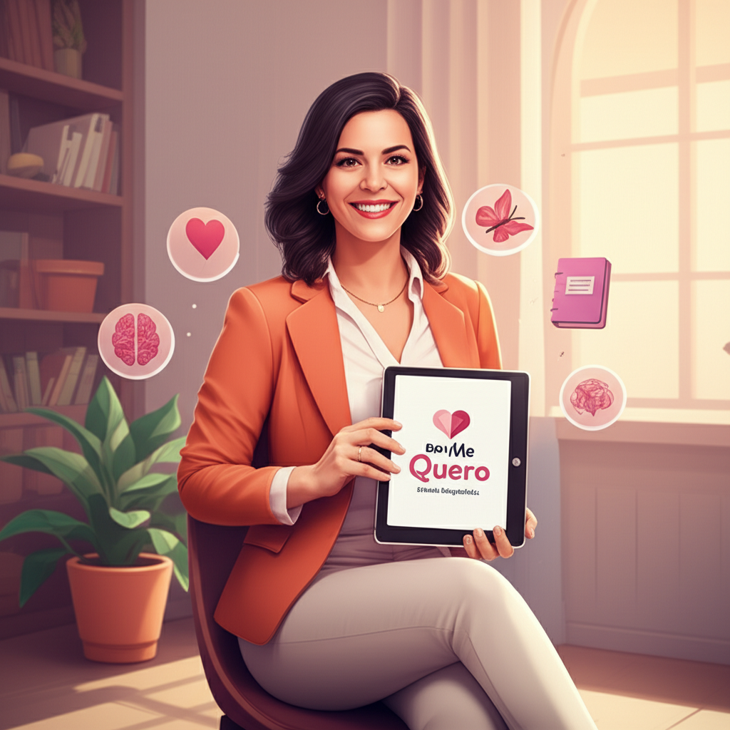 Ilustração de Pamela Magalhães em um consultório acolhedor, apresentando o curso "Bem Me Quero" com ícones de amor‑próprio e inteligência emocional.