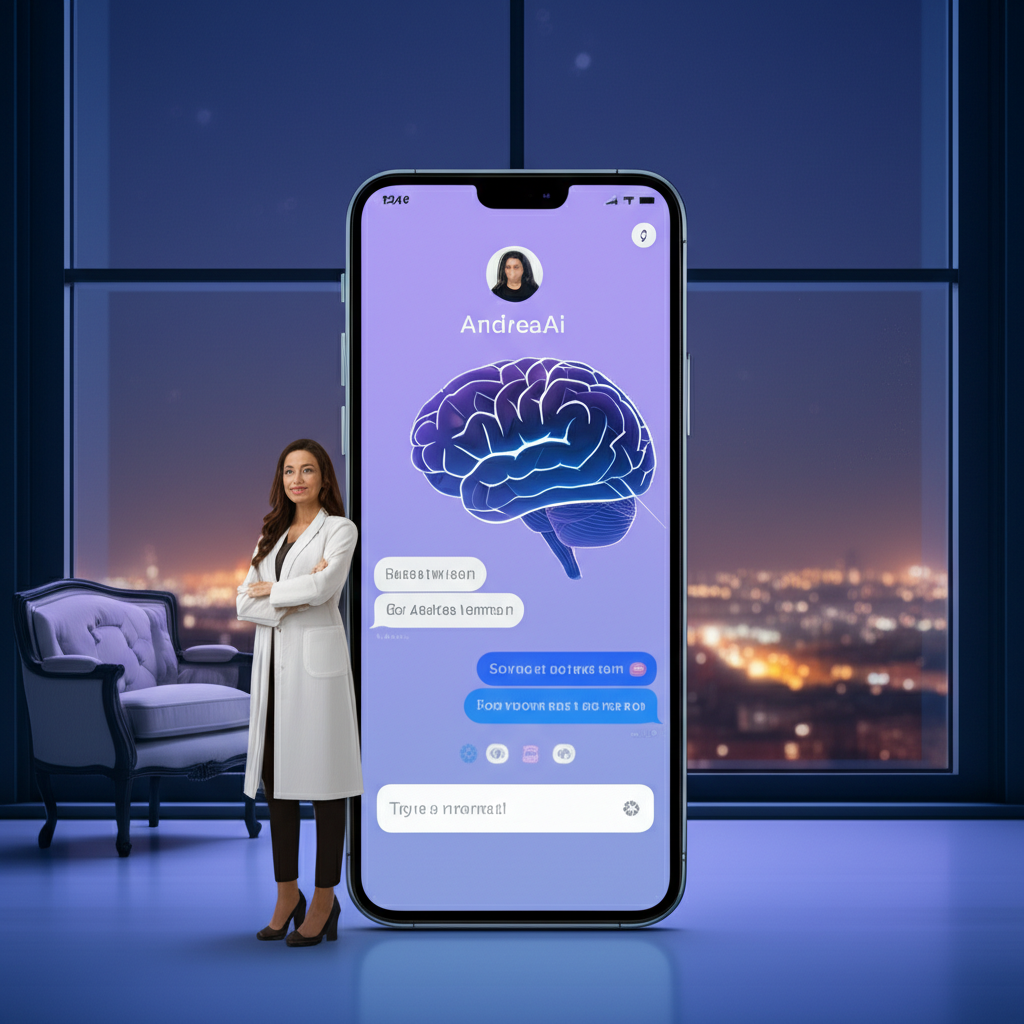 Tela do aplicativo AndreaAi em um smartphone, mostrando a interface de chat com cores suaves, ao fundo uma ilustração abstrata de cérebro e sofá psicanalítico, simbolizando a combinação de neurociência e terapia.