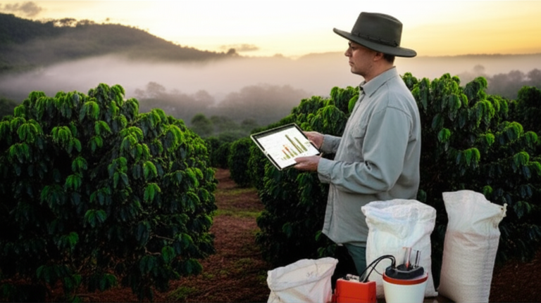 Agrônomo analisando solo e aplicando fertilizante em plantação de café ao amanhecer, com tablet mostrando dados de nutrição.