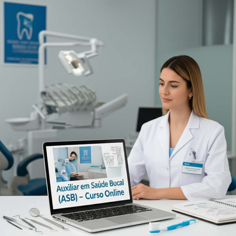 Jovem auxiliar de saúde bucal estudando curso online de ASB ao lado de instrumentos odontológicos e laptop.