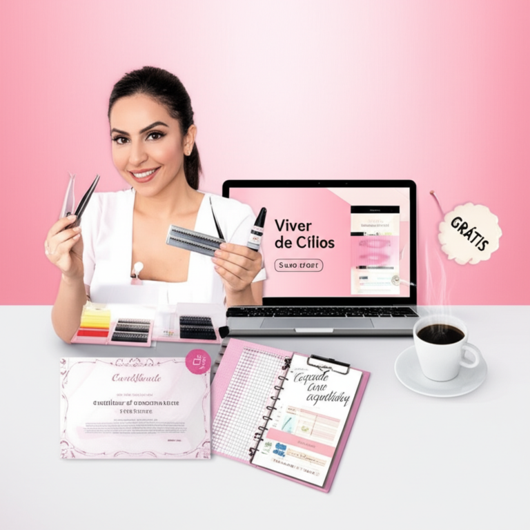 Esteticista profissional segurando ferramentas de extensão de cílios em um estúdio moderno, com laptop exibindo o curso Viver de Cílios Plano Start e materiais de apoio ao lado.