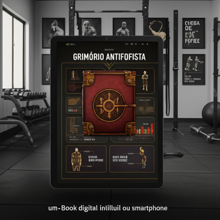Capa do eBook Grimório Antifofista exibida em um dispositivo móvel, cercada por equipamentos de academia e diagramas de treino.