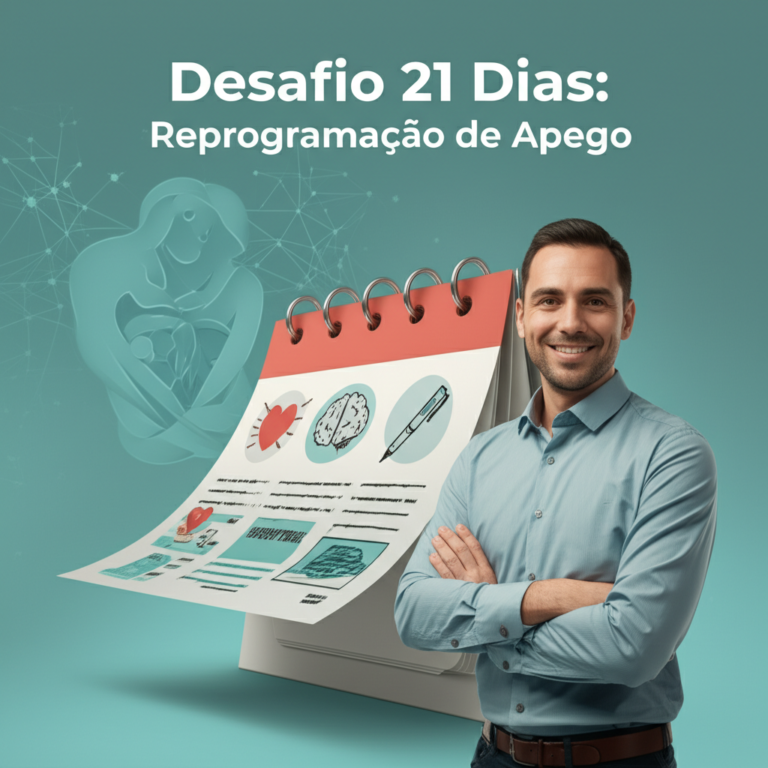 Illustration of psychologist Mateus José with a 21‑day calendar and symbols of attachment, brain, heart and writing, representing the "Desafio 21 Dias: Reprogramação de Apego" program.