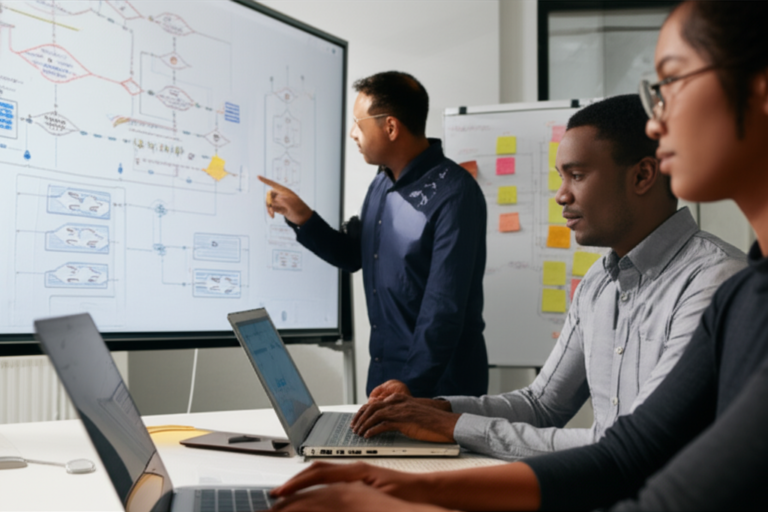 Curso de Canto Online – Funciona? Vale a Pena? O que Aprendo? 10 Equipe de designers UX colaborando em um escritório moderno, usando IA para otimizar fluxos de trabalho e visualizar insights de usuários em uma tela interativa.