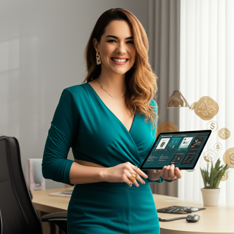 Nati Abreu apresentando seu curso Segredos da Renda Automática, com tablet mostrando dashboards de IA e anúncios, em um home office moderno.