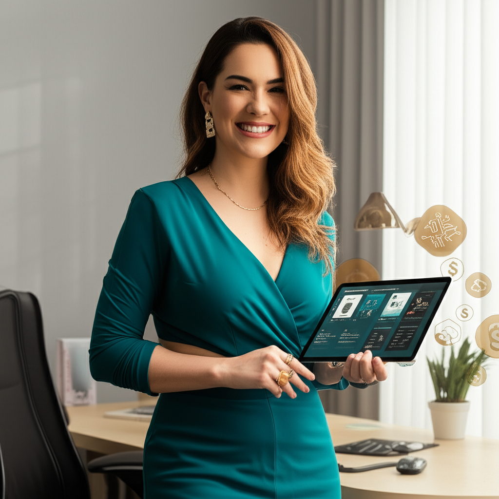 Nati Abreu apresentando seu curso Segredos da Renda Automática, com tablet mostrando dashboards de IA e anúncios, em um home office moderno.