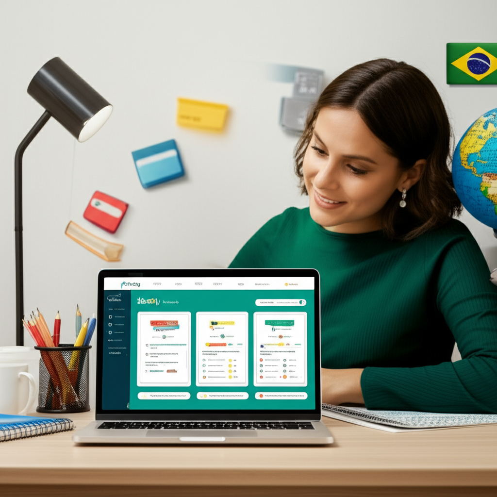 Professor brasileiro usando a plataforma Skooly em um laptop, gerando planos de aula e avaliações com IA, ao fundo ícones educacionais e a bandeira do Brasil.