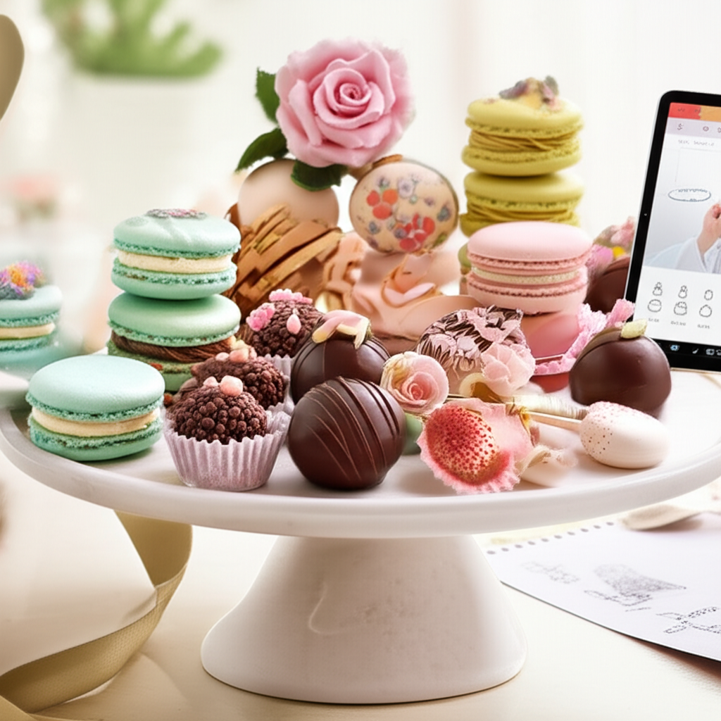 Assortimento de doces finos e sofisticados criados por Ísis Alvarez, incluindo macarons, trufas, rosas de açúcar e cake pops, apresentados em um cenário elegante para o curso online “Doces para Presentear”.