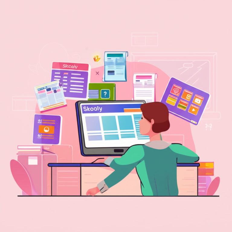 Ilustração de professor usando a plataforma Skooly em um laptop, com ícones de planos de aula, avaliações e recursos gerados por IA ao seu redor.